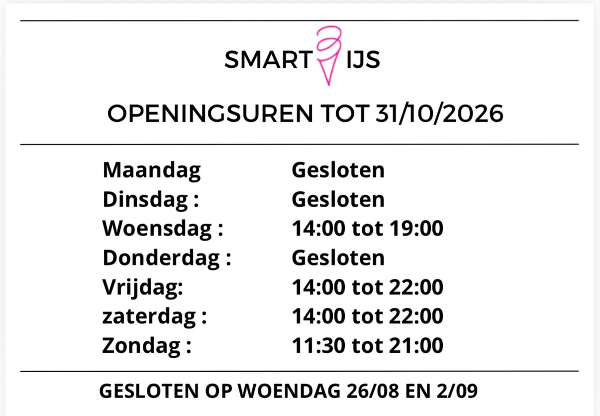 ⬆️ Onze nieuwe openingsuren bij Smart-Ijs!
Alle info voor jouw volgend ijsjesmoment! 🍨🤍

#wingene #lokaalgenieten